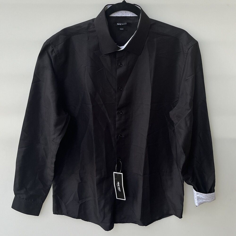 Nine West Shirt Men's Black NWT Moisture Wicking Slim Fit Button Up Sz Large 34